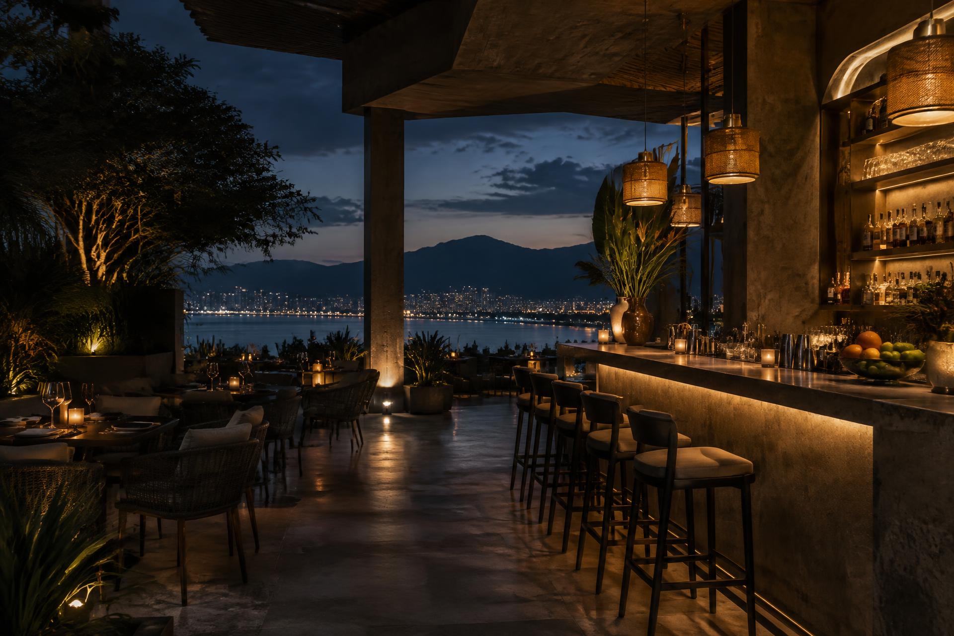 A refined open-air bar overlooking Da Nang at dusk