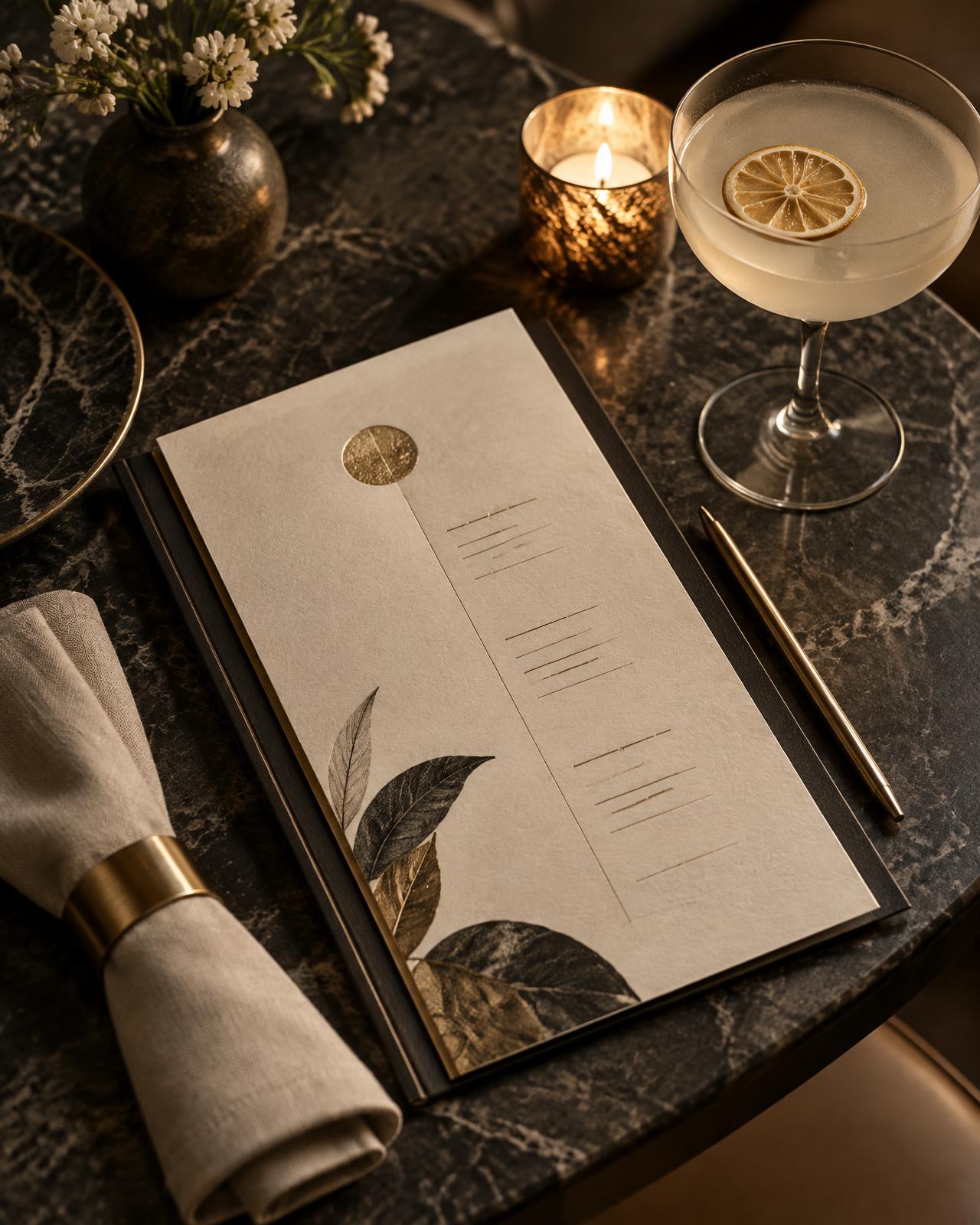 Premium printed menu, cocktail, and table setting