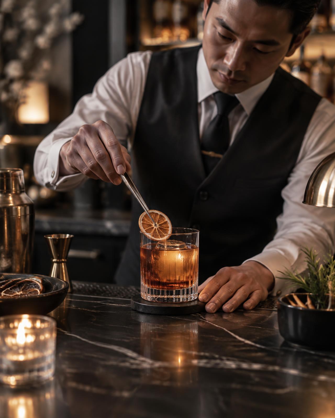Bartender finishing a crafted cocktail at the bar